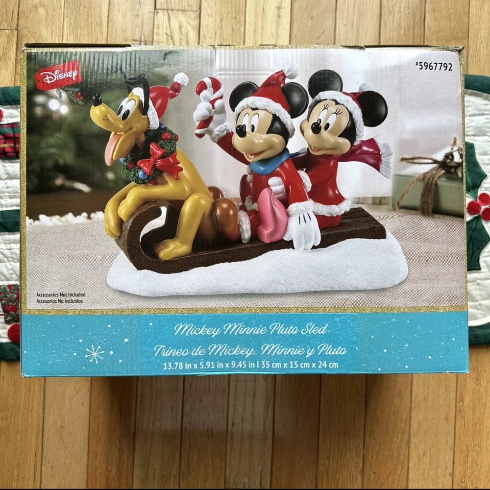 Disney Mickey Minnie Pluto on Sled Figurine Christmas Holiday Sleigh